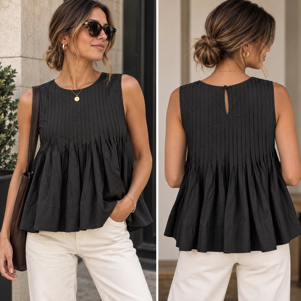 Commense Womens L Black Pleated Peplum Top Cotton Babydoll Sleeveless Blouse